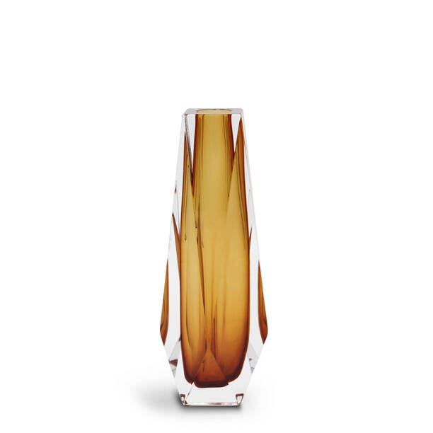 The image shows a beautiful tall, slender vase with an intricate design. It has a vertical striped pattern that creates a mesmerizing effect of overlapping layers, reminiscent of the natural phenomenon known as a 