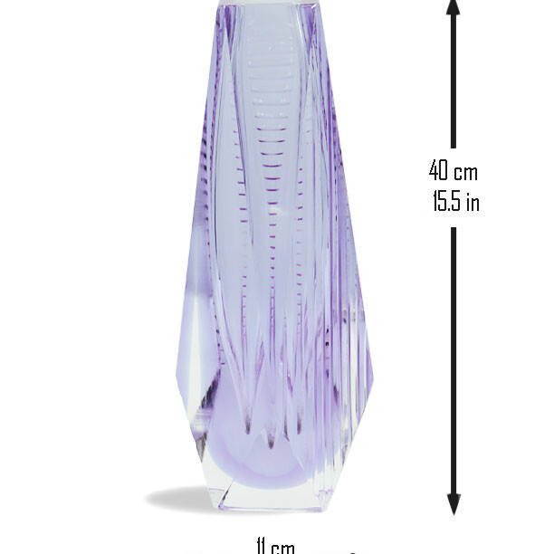 The image shows a tall, slender vase with an intricate design that is reminiscent of Murano glass from Italy. The color transitions subtly throughout the vase, giving it a unique and elegant appearance. There are measurements provided on the image: the height of the vase is 40 cm (15.75 inches) and its diameter at the widest point is 11 cm (4.33 inches) with a depth of 9.2 cm (3.62 inches). This indicates that the vase is quite tall compared to its width, which adds to its elegance and would make it an interesting decorative piece for a space.