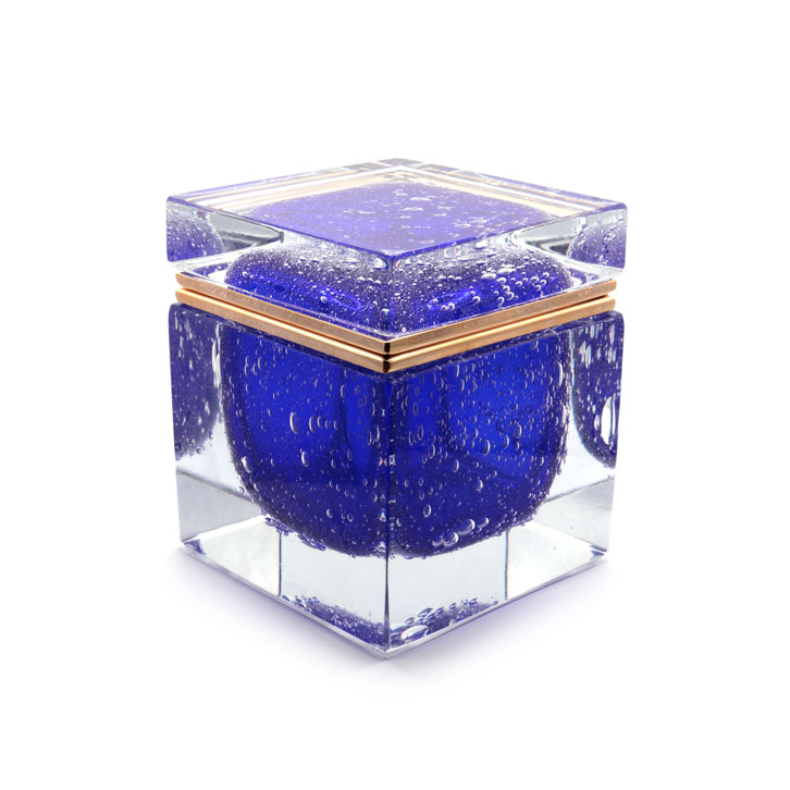 Customizable hinge Murano glass Bubbled Cobalt box by Alessandro Mandruzzato, available with chrome or gold 24 Kt plating.