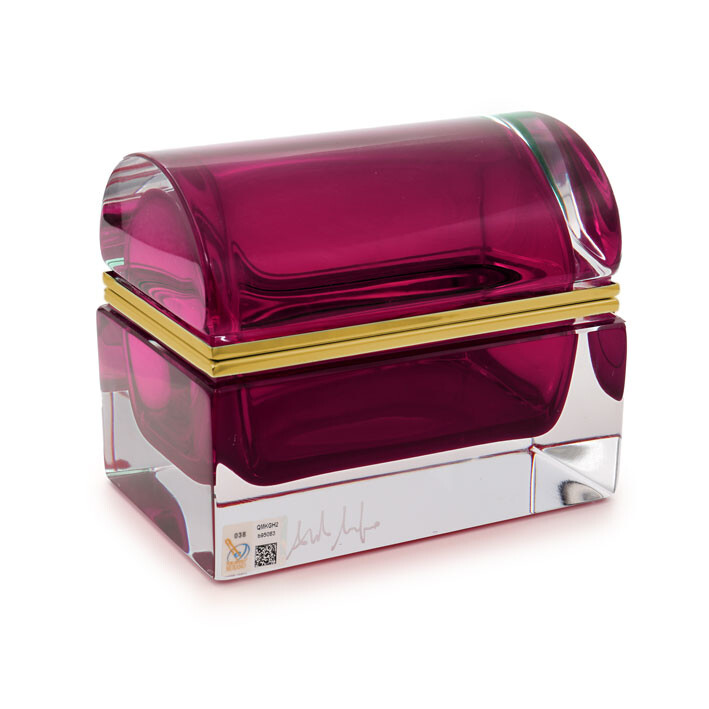 Ruby Trunk Box handcrafted by Alessandro Mandruzzato, featuring original Murano glass certified by Trademark of Origin, embodying Venetian elegance.