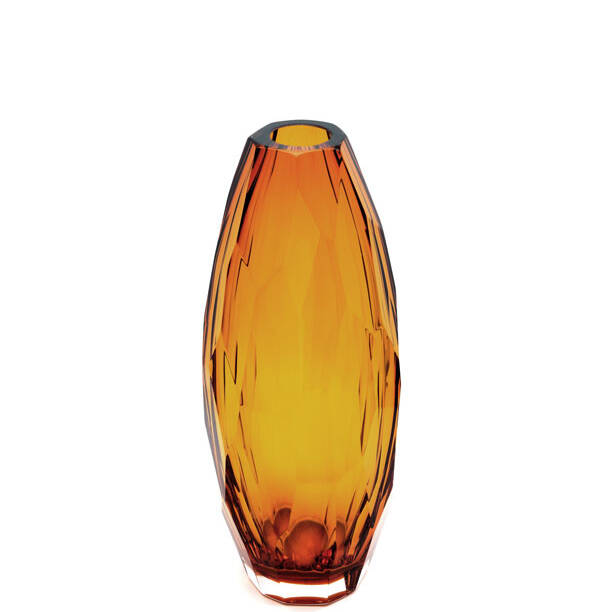 The image depicts a beautiful piece of Murano glass. This particular item is a vase with an elongated, narrow shape that tapers slightly towards the top and widens at the base, giving it a sturdy stance. The color of the glass is a rich amber or honey hue, which suggests that it may have been created using the 