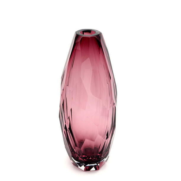 The image features a beautiful piece of Murano glass, crafted by the renowned Alessandro Mandruzzato. This particular item is a vase with a design that is both striking and elegant. The color of the vase is a deep red-pink hue, known as 