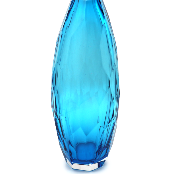 The image showcases a striking piece of glass art, specifically a vase that exudes the elegance and craftsmanship typical of Murano glass. This particular vase is characterized by its vibrant blue hue, which ranges from light to dark tones across its surface, creating a mesmerizing effect known as 