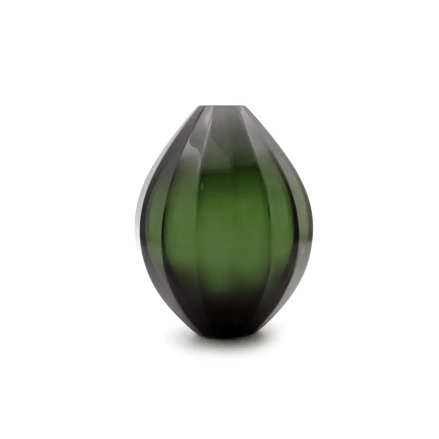 The image shows a unique piece of Murano glass, which is known for its intricate designs and high-quality craftsmanship. This particular item appears to be an egg-shaped vase with a dark green or black color that has subtle variations in tone throughout. The design includes ridges or lines that run along the length of the vase, giving it a textured appearance. The term 