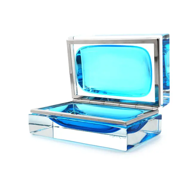 Open geometric modern glass sculpture box in translucent sky blue, crafted through Murano Island glass blowing.