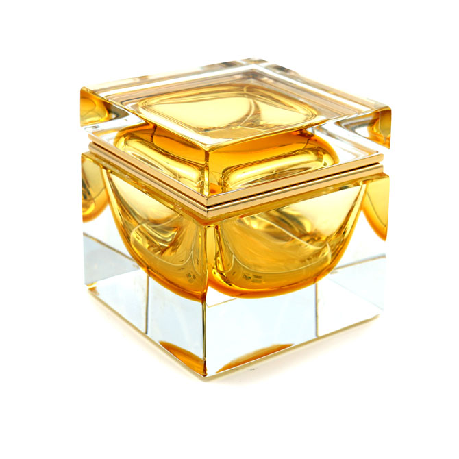 Golden Murano glass factory sculpture box, a radiant piece of glass art.