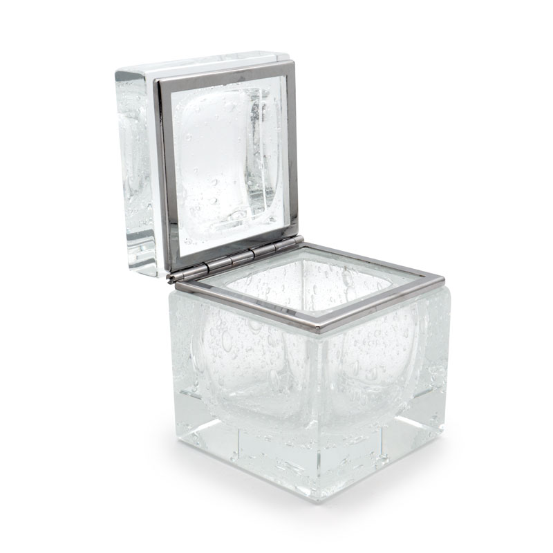 Customizable hinge Murano glass Bubbled Crystal box by Alessandro Mandruzzato, available with chrome or gold 24 Kt plating.