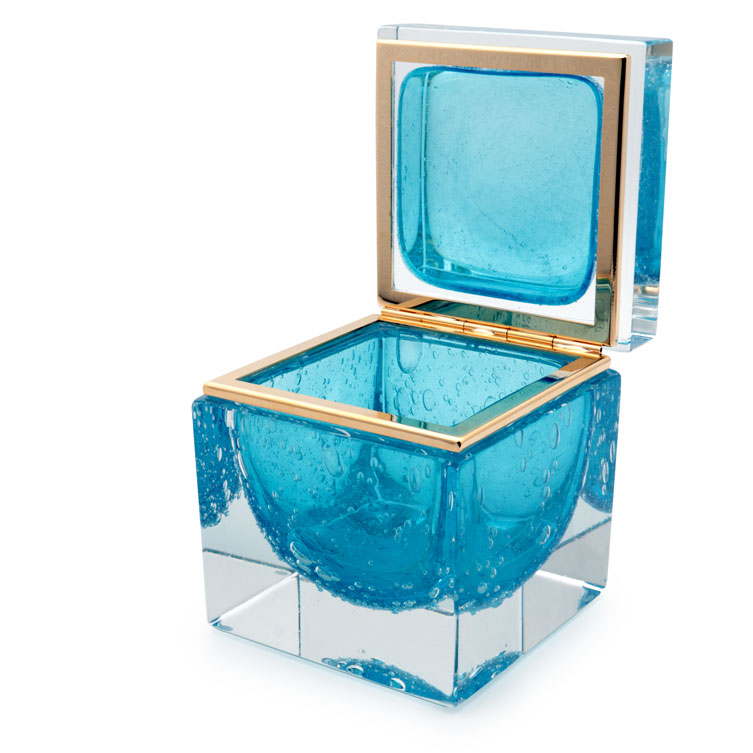 Customizable hinge Murano glass Bubbled Cobalt box by Alessandro Mandruzzato, available with chrome or gold 24 Kt plating.