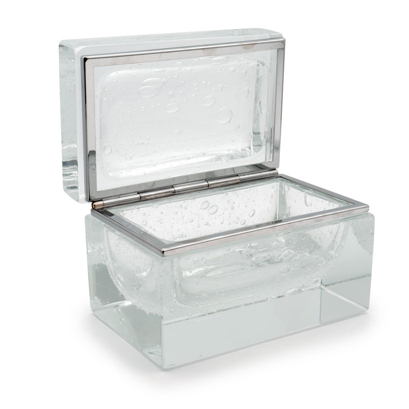 Customizable hinge Murano glass Bubbled Crystal box by Alessandro Mandruzzato, available with chrome or gold 24 Kt plating.